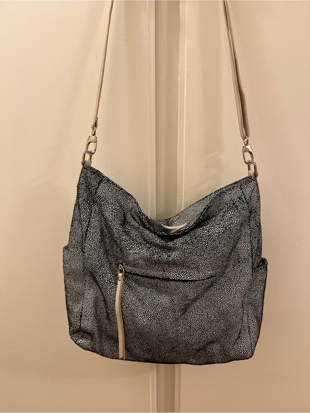 Sorial New York Black & White Embossed Hobo Bag Blush Leather Trim